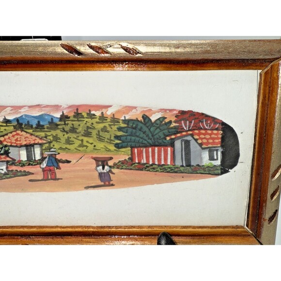 Handpainted & Framed Feather Art Honduras Village Scene Wall Hanger 10.75" X 5" - Picture 6 of 10
